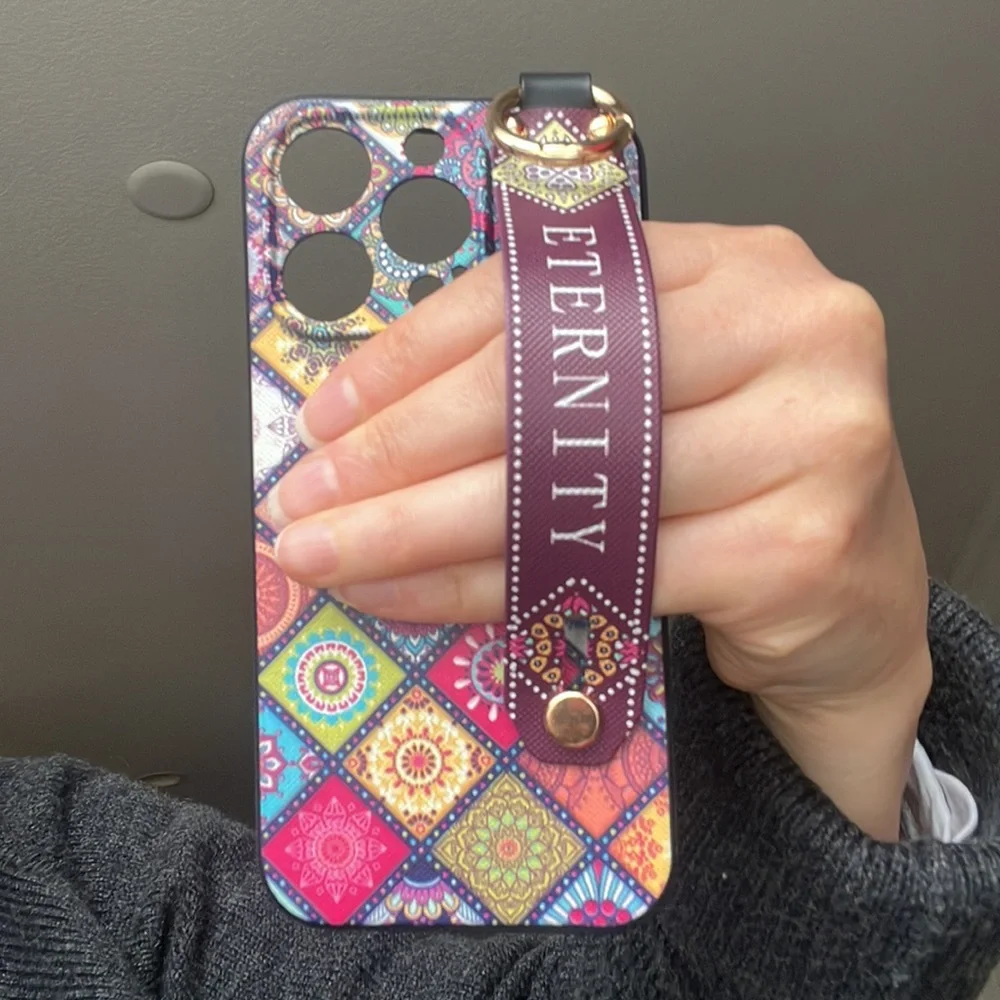 For iPhone 14, 14 pro phone case with wrist strap kickstand keychain ring